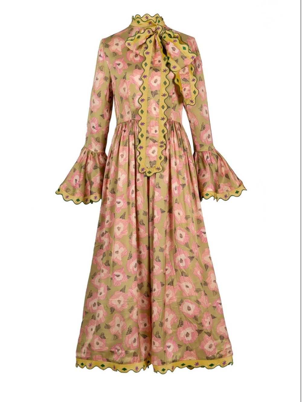CeliaB Pink and Olive Floral Tie-Neck Scalloped Maxi Dress
